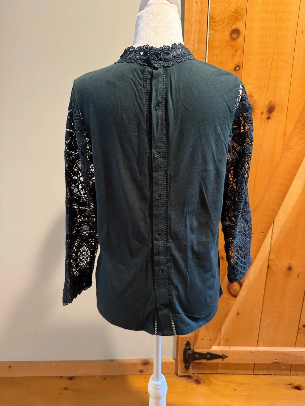 Anthropologie Dark Green Lace High-Neck Long Sleeve Top, M